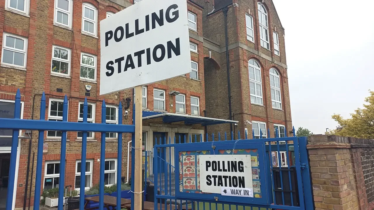 A polling station sign outside a London polling place during an election
